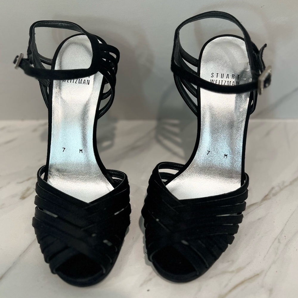 Stuart Weitzman Black Strappy Heels with Rhinestone Buckle
